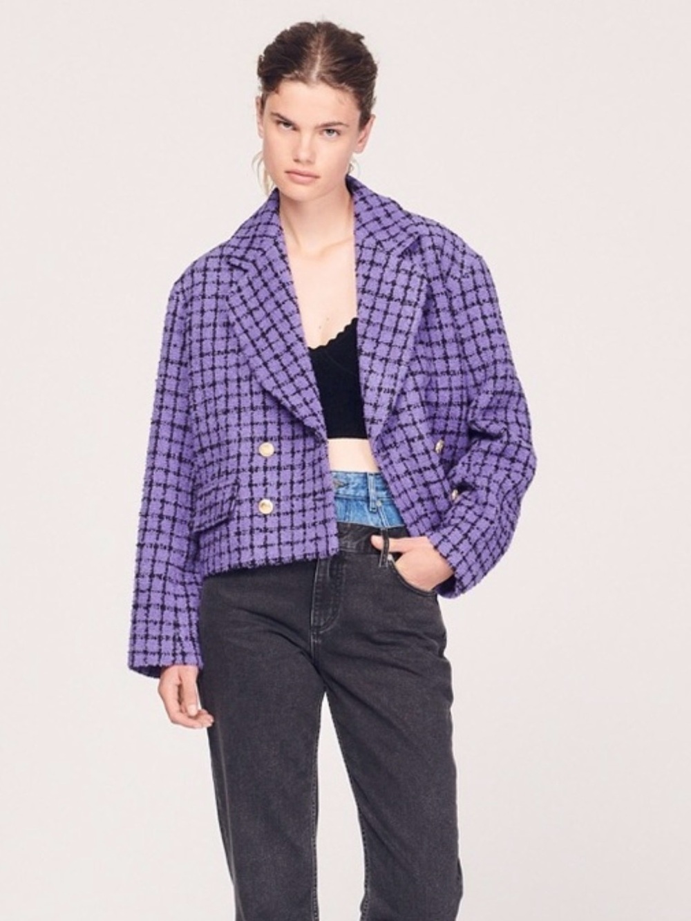Sandro Paris Simona Tweed Double-Breasted Cropped Blazer Jacket in Purple